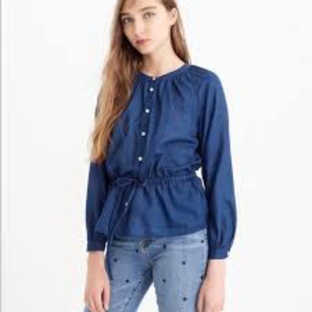 J Crew Blue Indigo Voile Button Front Cinch Waist Shirt Blouse Size 8